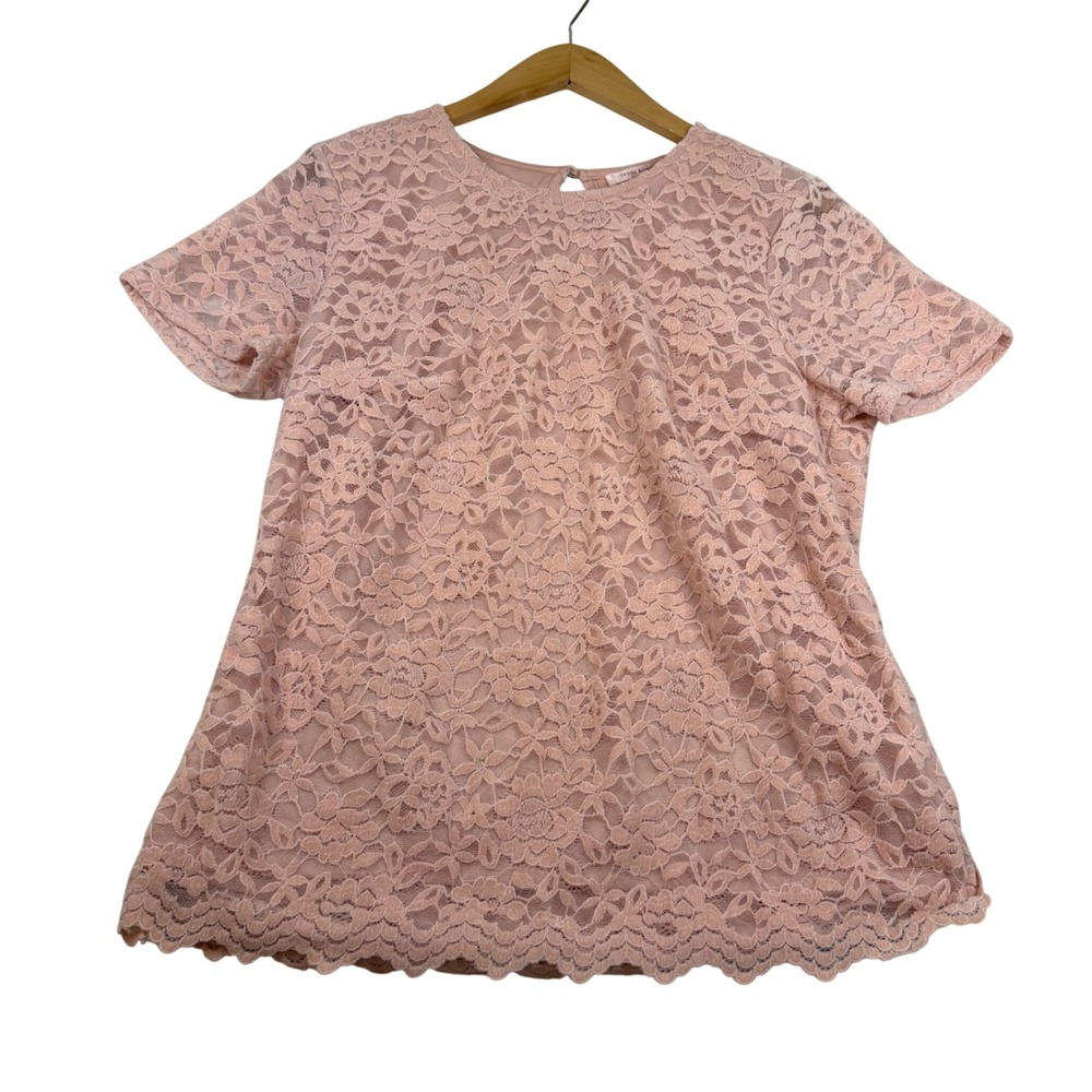 Teddi Rose Pink Floral Lace Short Sleeve Scalloped Hem Blouse Medium